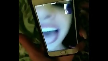 Horny teen sucks her bf'_s dick while her friend watches on video chat