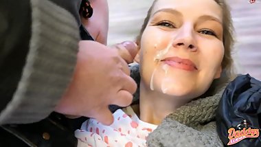 German Blonde in Black Down Jacket Sex