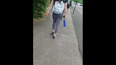 Candid Latina Teen In Leggings Walks Home From The Gym