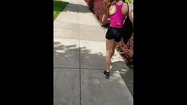 White College Cutie Walks Home Flushed From The Gym In Her Spandex Shorts
