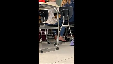 Candid teen athlete barefoot birkenstock shoeplay