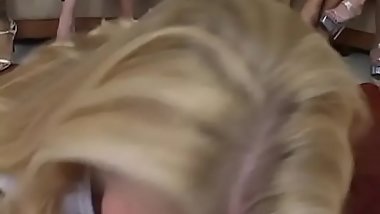 Crowd of young amazing bitches is tasting one happy cock in a school