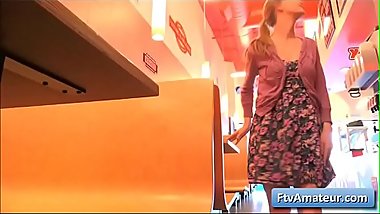 Blonde cutie teen amateur Alana gets naughty in a diner and finger her pussy deep and tender