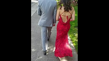 Sorority Slut Dons Red Dress While Walking With Her Boyfriend