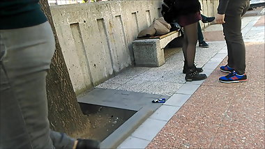 Sexy Blonde Girl Red Mini Skirt and Black Pantyhose 2