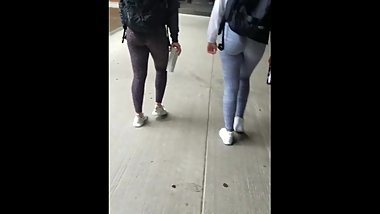 Two College Sluts In Leggings Walk To Class