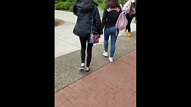 Candid College White Girl In Jeans Struts Around Campus