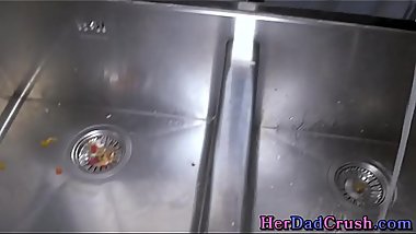 Tattooed teen stepdaughter swallows cum pov